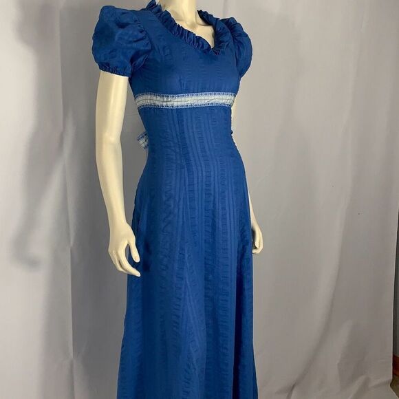 Vintage Blue Regency Handmade Puff Sleeve Empire Waist Maxi Dress Size XS - Picture 12 of 16